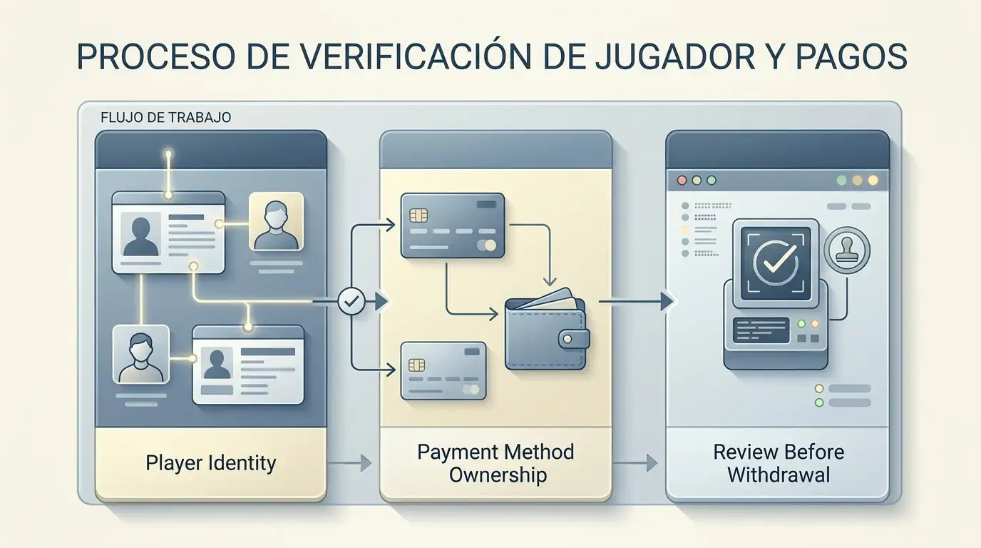 Diagrama editorial de verificación con capas de identidad, medio de pago y revisión previa a una retirada