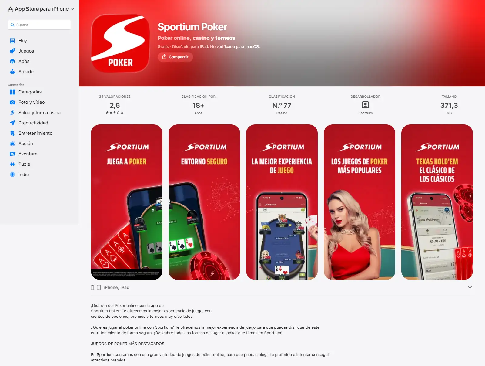Ficha oficial de Sportium Poker en la App Store española