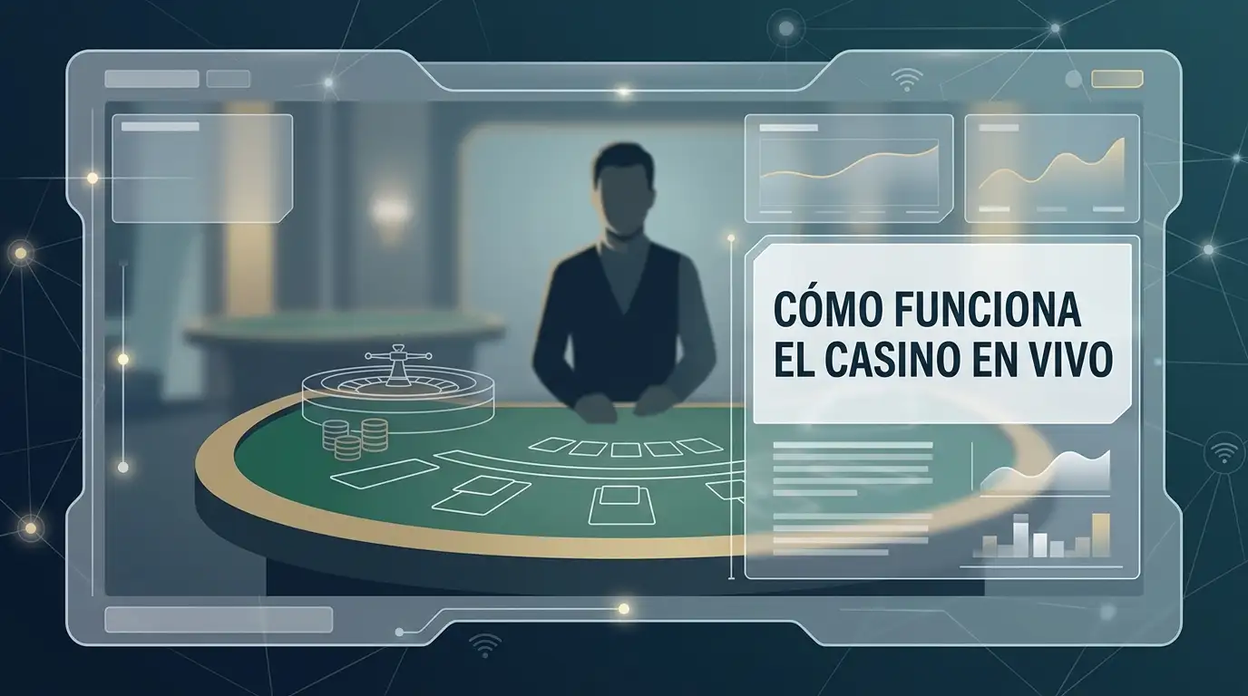 Ilustración editorial de una mesa de casino en vivo vista a través de una interfaz digital abstracta