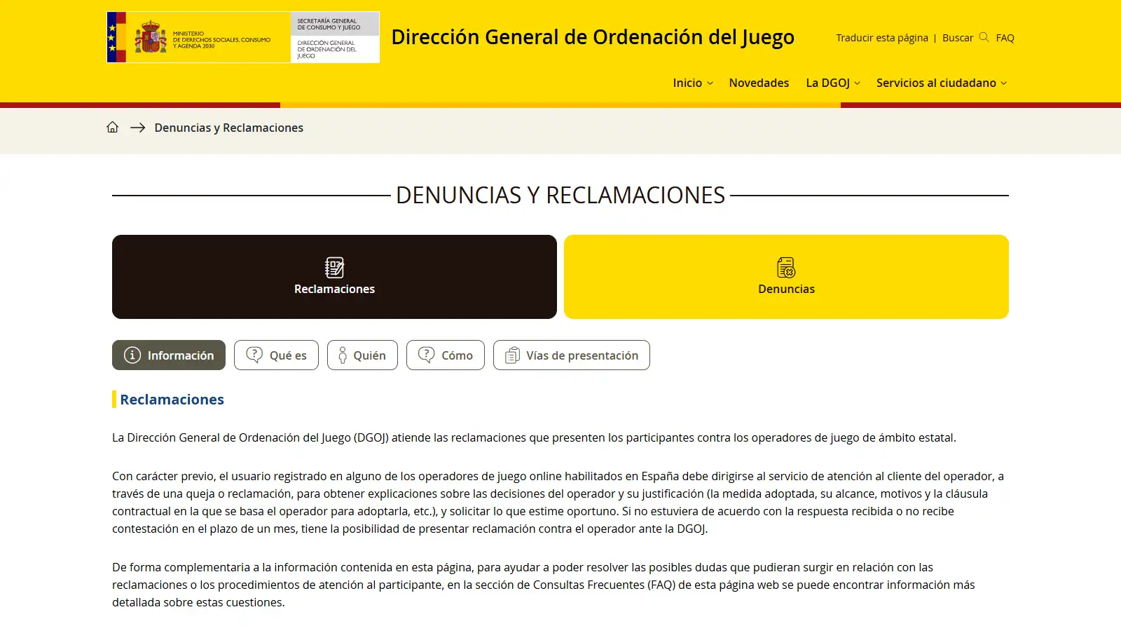 Página de denuncias y reclamaciones de la DGOJ con el procedimiento previo ante el operador