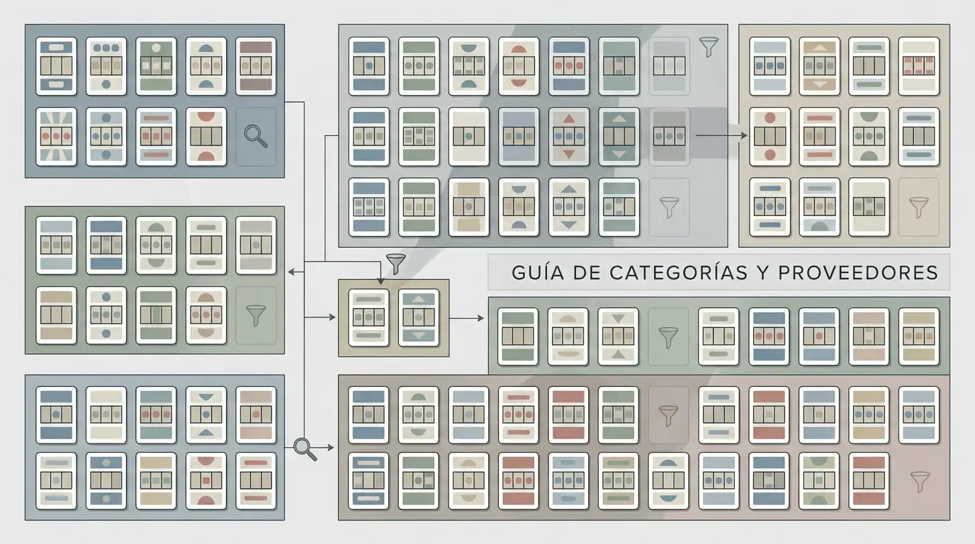 Ilustración editorial de una biblioteca abstracta de tragaperras organizada por categorías y proveedores