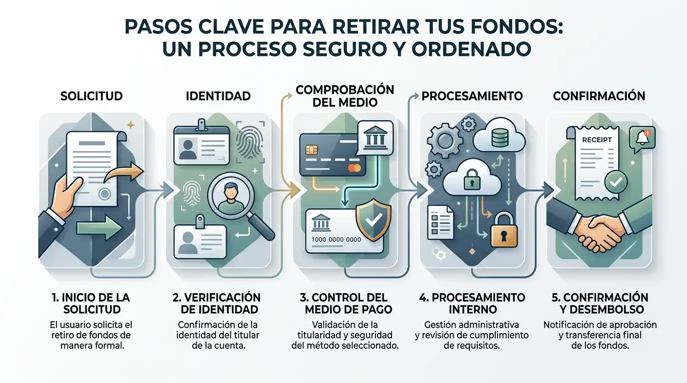 Ilustración editorial del proceso de retirada desde solicitud hasta confirmación