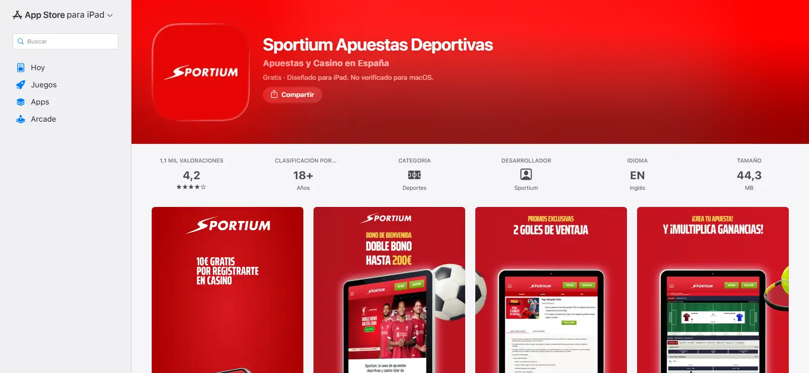 Ficha oficial de Sportium Apuestas Deportivas en la App Store de España con referencia al casino online